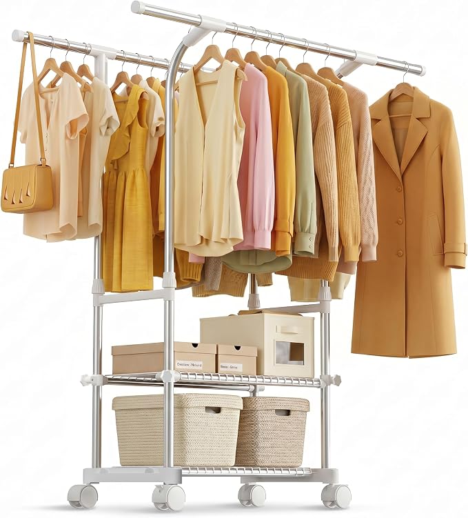 RORA Double Rod Clothes Rack, Clothing Rack with wheels, Extendable, Silver | Stainless Steel, Ideal for Bedroom & Laundry Room, Height-Adjustable, 2-Tier Shelves, Portable Garment Rack, Wardrobe Rack