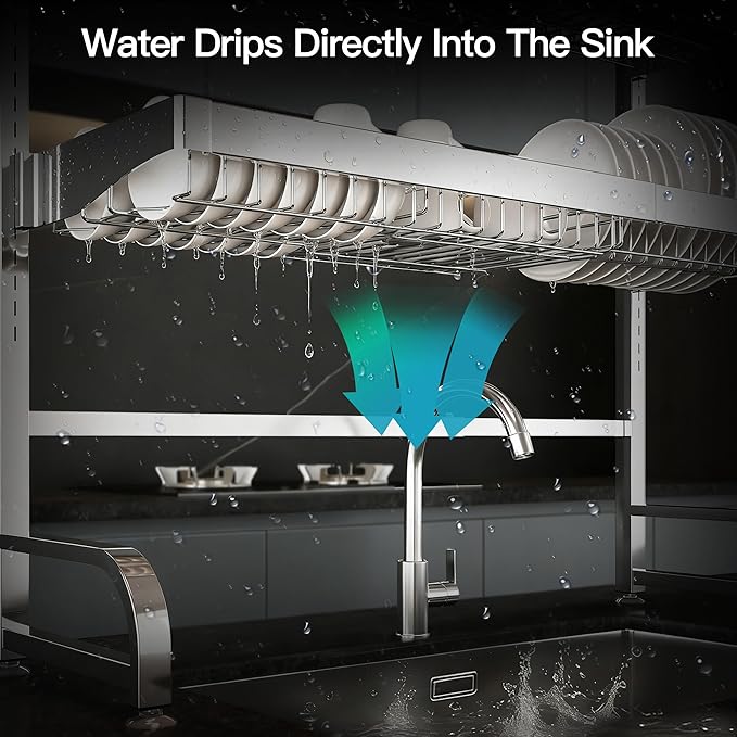 MAJALiS 3 Tier Extra Large Stainless Steel Expandable Over The Sink Dish Drainer Drying Rack, Rust Proof Metal, Space Saving, Modern Silver Big Capacity Extendable Plate Strainers Kitchen Counter