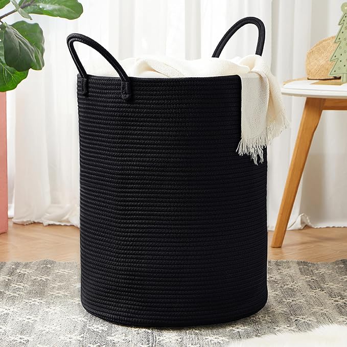 60L Black Hamper Laundry Basket Woven Clothes Hamper Tall | Modern Cotton Rope Blanket Storage Basket in Living Room Bedroom 15Dx20H inches
