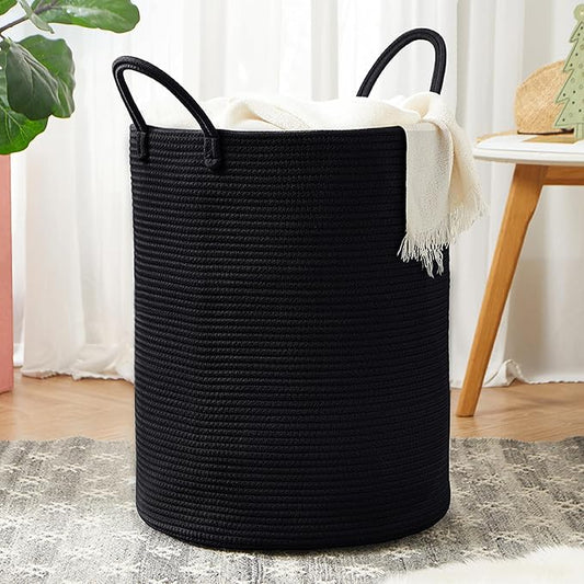 60L Black Hamper Laundry Basket Woven Clothes Hamper Tall | Modern Cotton Rope Blanket Storage Basket in Living Room Bedroom 15Dx20H inches