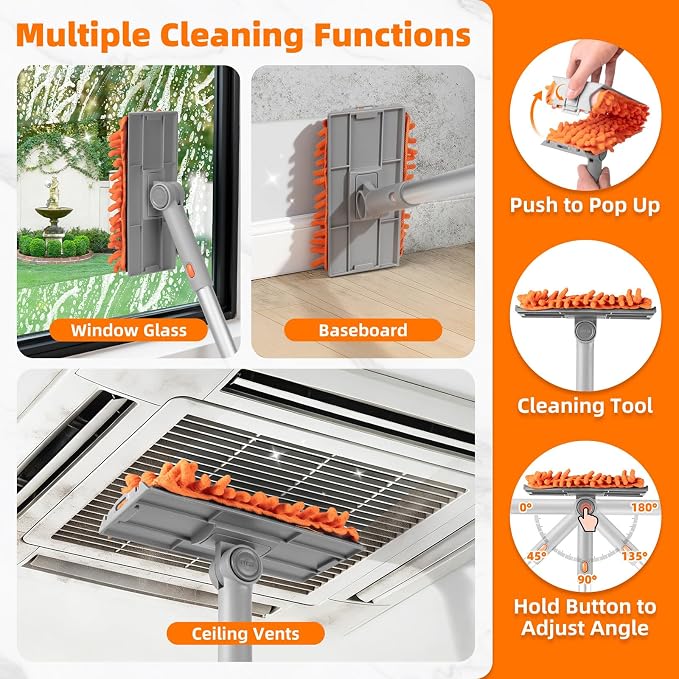 Ceiling Fan Cleaner Duster with 6 Ft/77'' Extension Pole, Multi-Functional | Fan Cleaner Duster Brush Kit for Clean Fan Blade, Baseboard, Blind, Cobweb, High Ceiling Walls - Reusable & Machine Washable