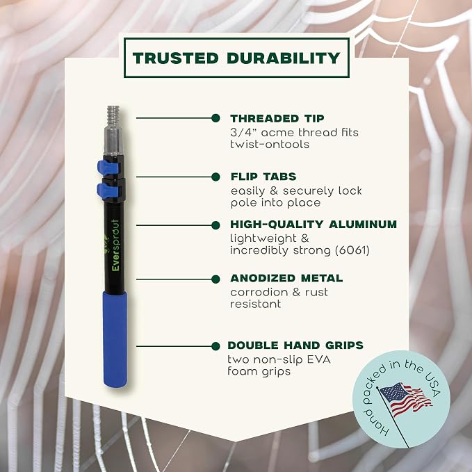 EVERSPROUT 5-to-12 Foot Cobweb Duster & Pole Combo, Extendable to 20 Ft | For High Ceilings and Spider Webs, Vents, Wall Edges, Baseboards and More, Soft Bristles, Adjustable Pole