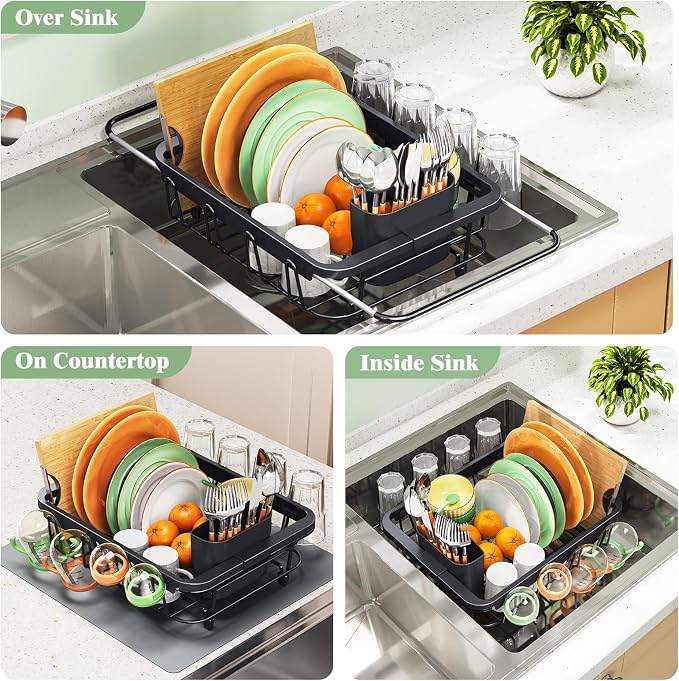 Urackify Expandable Dish Drying Rack Over The Sink, Adjustable Dish Rack in Sink, Rustproof Dish Drainer for Kitchen Counter, Dish Strainer with Utensil Holder (Black, Standard)