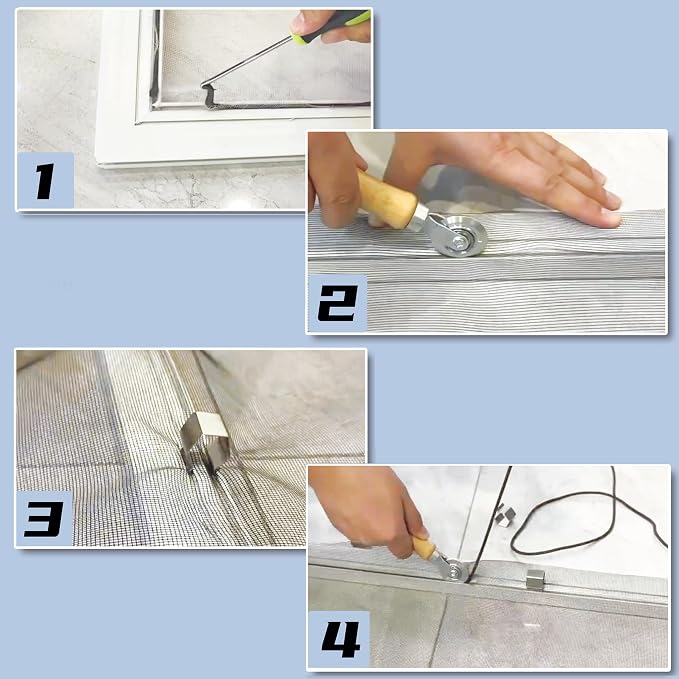 King&Charles Screen Repair Kit, 4-in-1 Screen Tool for Window Mesh Repair | Bearing Steel Roller+0.14inx32ft Spline+8Clips+Remove Hook+for Window Mesh, Patio and RV Mesh Replacement
