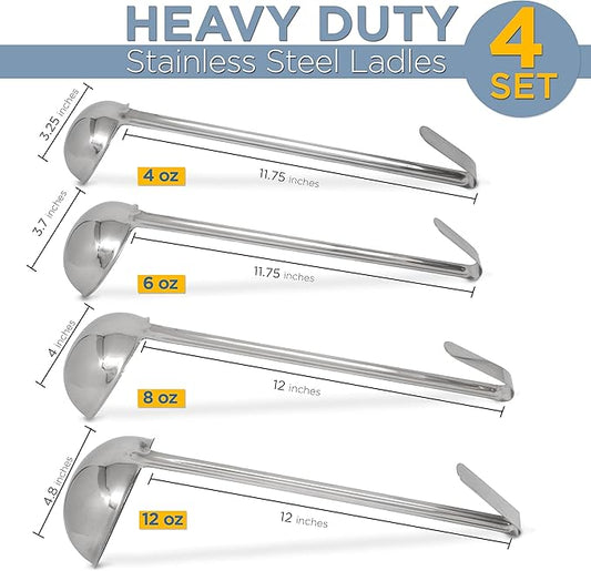 Fit Meal Prep Stainless Steel Soup Ladle One-Piece Sauce Spatula with Hook Handles, Commercial Grade Serving Spoon, Kitchen Tool for Restaurant or Home Cooking [Pack of 4] - 4oz, 6oz, 8oz, 12oz