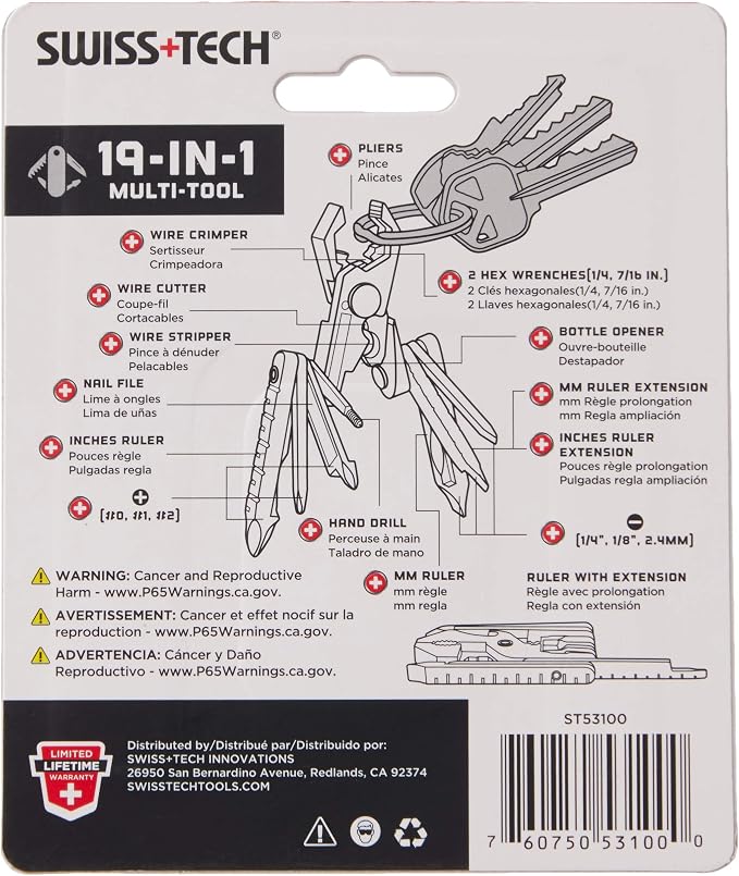 SWISS+TECH ST53100 Stainless Steel 19-in-1 Key Chain Multi Tool, Polished Finish (Single Pack)