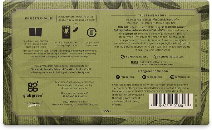 Grab Green Stoneworks Dryer Sheets, Olive Leaf, 80 Count, Compostable | Softens fabrics; Reduces Static; Cruelty-free; Plant & Mineral Based; No Harsh Chemicals