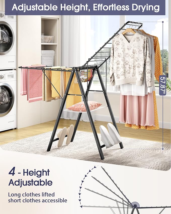 APEXCHASER Clothes Drying Rack, 67.7" L Height Adjustable, Foldable, Black | 1.5"Folded, No Assembly, Space-Saving, Spacious Design, Adjustable Wings, Clips, Mesh Shelf, Shoe Rack, Indoor & Outdoor Use