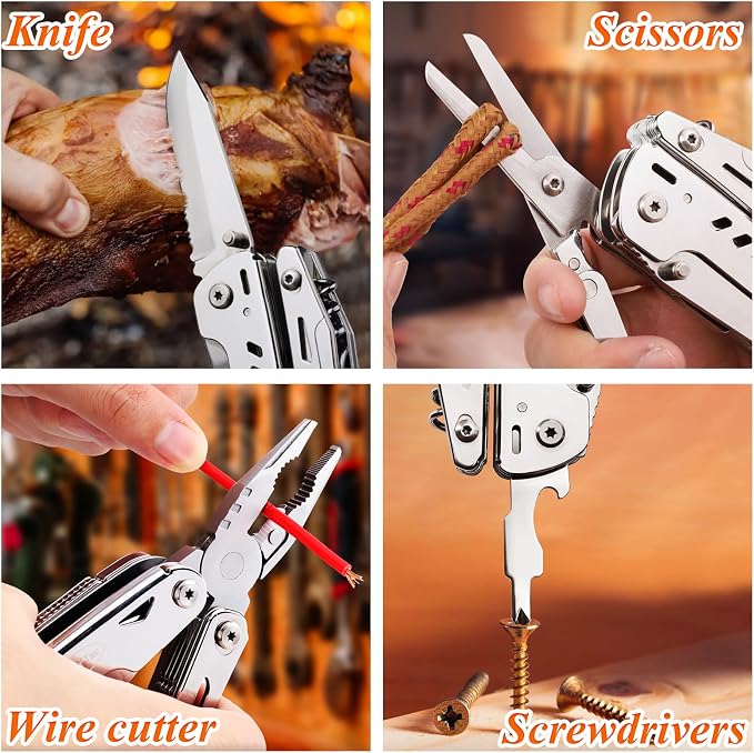 Multi Tool Pocket Knife Tactical Camping Survival Knife Gifts for Men Dad Husband 18 in 1 Multitool Pliers Scissors Saw Corkscrew Bottle Opener 9-pack Screwdrivers Safety Lock Nylon Sheath