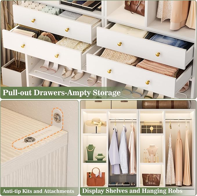 Besiost Closet System with 4 Drawers & Corner Tower, Closet Organizer System with 4 Hanging Robs, Reversible U Shaped Walk-in Closet System, Load 2600+LBS Capacity, Set of 4, White