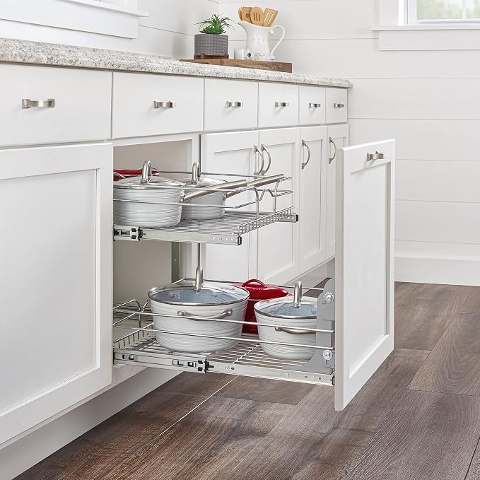 Rev-A-Shelf Pullout Organizer for Cabinets, Min Opening Width of 24" | Two-Tier Steel Shelf for Kitchen or Vanity Cabinet Organization, Heavy Gauge Wire Slide Out Storage Basket, 5WB2-2422-CR-1