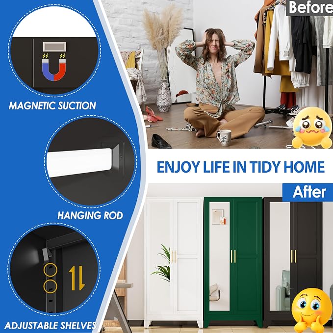 GAIOUS Metal Wardrobe Cabinet with Mirror and Hanging Rod, 71" Black | Clothing Storage Cabinets with 2 Doors and Adjustable Shelves, Armoire Wardrobe Closet for Bedroom, Laundry Room, Cloak Room