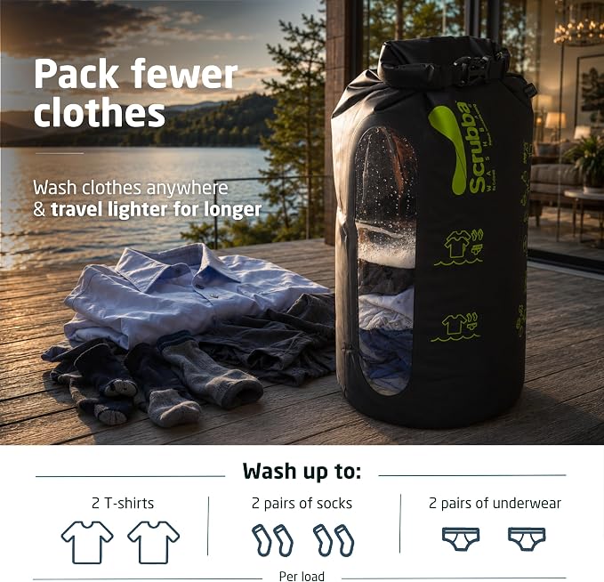 Scrubba Wash Bag Patented Washboard-in-a-Bag™ 5 oz Travel Clothes Washer | Pack Light, Wash Anywhere Fast, Internal Washboard, Machine-Quality Wash, No Electricity, Camping, Backpacking, RV, Cruises