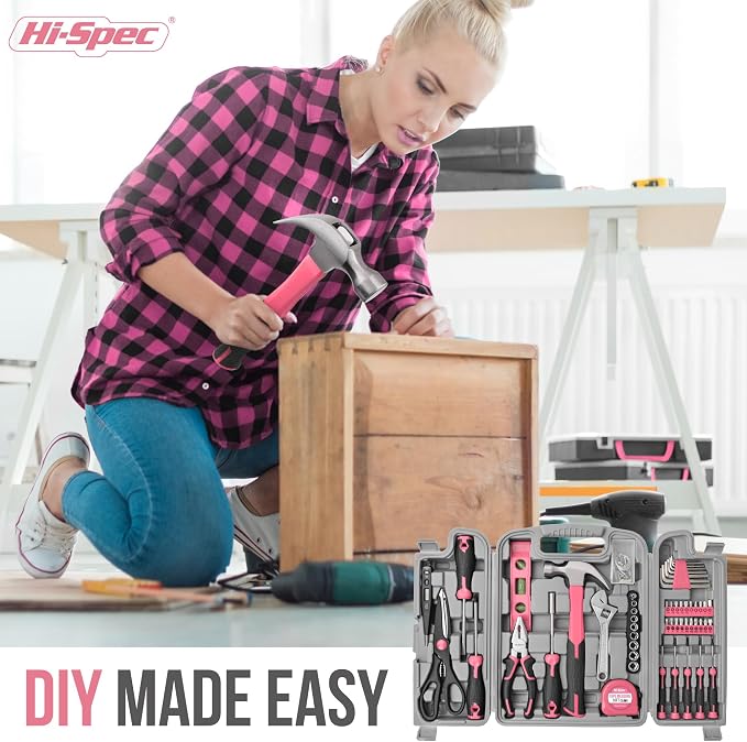 Hi-Spec Woman Home DIY Repair Pink Tool Kit with Portable Toolbox Case | 54pc, everyday fixes made easier, organized portable storage, beginner-friendly selection, apartment and office tasks, Ladies