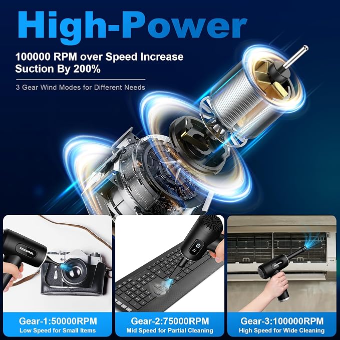 FRESMOL Compressed Air Duster, Rechargeable Cordless Electric Air Blower | 3-Gear Adjustable, 100000RPM, Smart LED Display, LED Light, Keyboard, PC, Car, Home Cleaning, Replaces Canned Air, Black