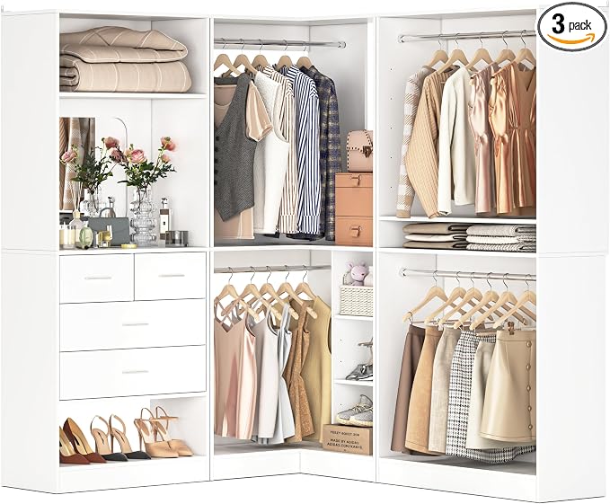 Unikito 97" Modular Closet Organizer System, Wood Wardrobe with 4 Hanging Rods, Corner Closet Unit with Mirror and Drawers, Customizable Walk-In Closet Organizer, White