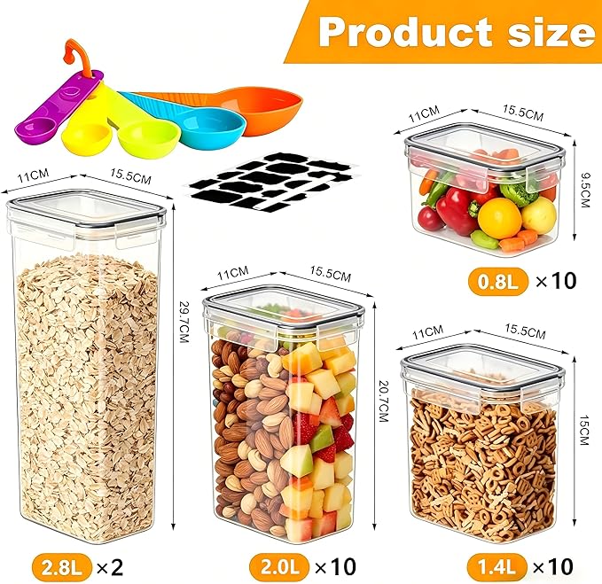 32pcs Airtight Containers, Clear Stackable Dry Food Storage | 32pk clear airtight containers with tight lids keep dry food fresh. Safe plastic, stackable for pantry kitchen storage