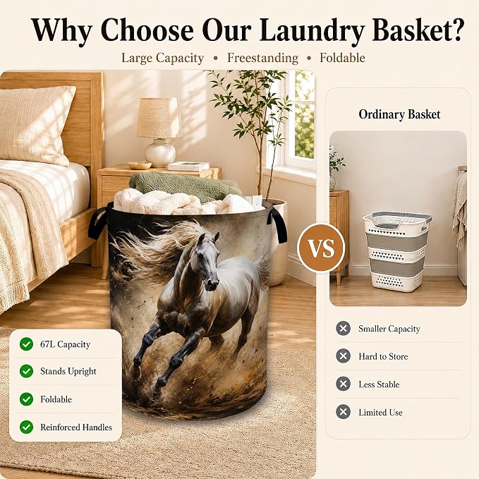 Running White Horse Decorative Laundry Hamper, Tall Foldable Oxford Clothes Basket with Handles, Lightweight Dirty Clothes Holder for Bedroom Bathroom Laundry Room