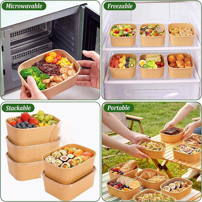 50 Pack 29oz Disposable Meal Prep Containers with Lids and Forks, Microwave and Freezer Safe Kraft Paper Bowls for Salad Noodles, Take Out Containers for Hot/Cold Food