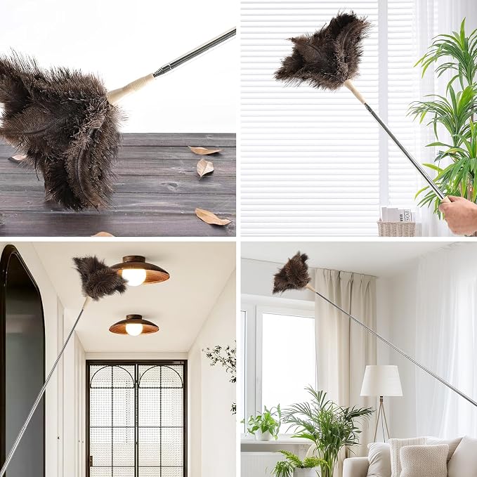 Extendable Ostrich Feather Duster 27-94 Inch, Natural Cleaning Duster Extension Pole Reusable for High Ceilings, Fans, Blinds, Furniture, Interior & Roof Dusting(one Pack)