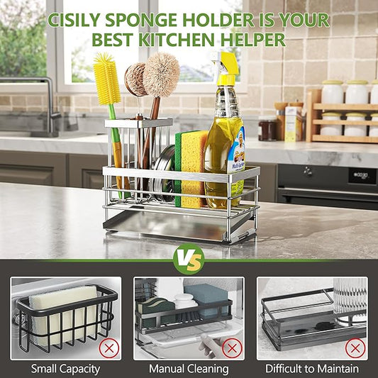 Cisily Sink Caddy Sponge Holder for Kitchen with Brush Holder and Stainless Steel Self Drain Tray, Rustproof Kitchen Sink Organizer for Sponge, Soap Dispenser Storage Accessories (Stainless Steel)
