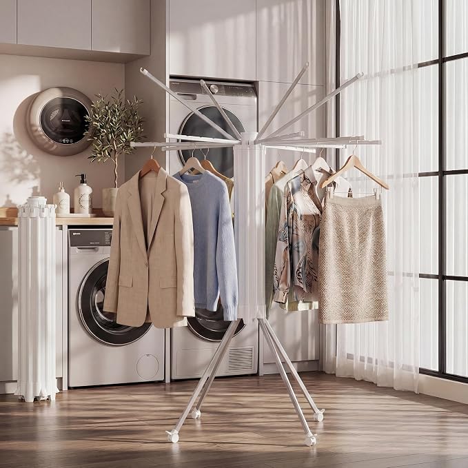 RFOUO Foldable Clothes Drying Rack with Aluminum 4Legs 16Rods Single Layer | Portable，Space-Saving Freestanding Drying Rack for Indoor Outdoor, Apartment, Bedroom, Laundry Room