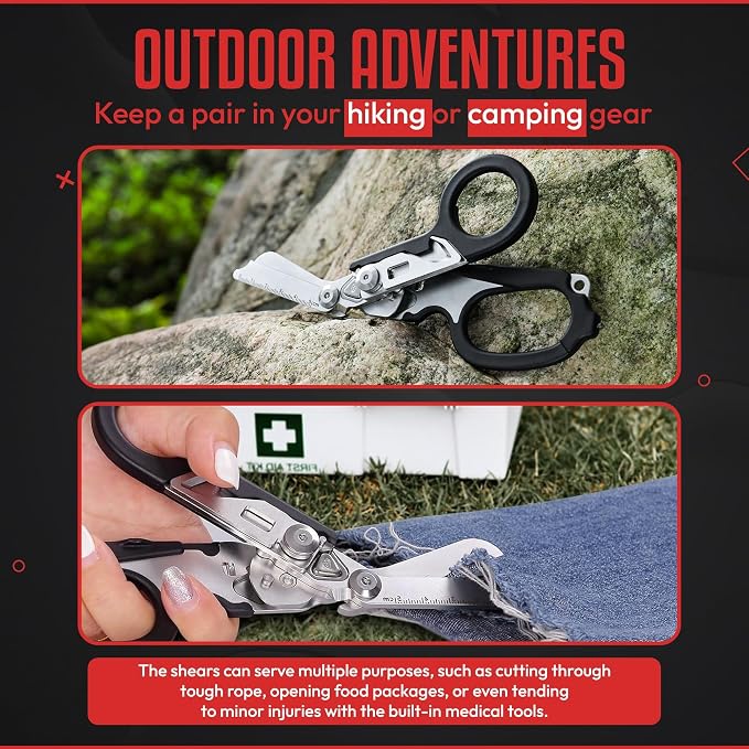 Heavy Duty 6 in 1 Multipurpose Emergency Trauma Shears Scissors with Holster, Outdoor Camping Rescue Tools with Glass Breaker, Strap Cutter Stainless Steel Foldable Scissors Pliers