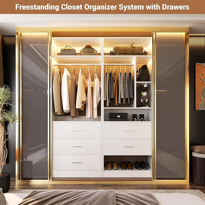 Besiost 4FT Closet Systems with 5 Wood Drawers, 48 Inch Closet Organizer System with 2 Hanging Rods & 7 Shelves, Heavy Duty 48" Walk-in Closet , White (48"L x 15" W x 80" H)