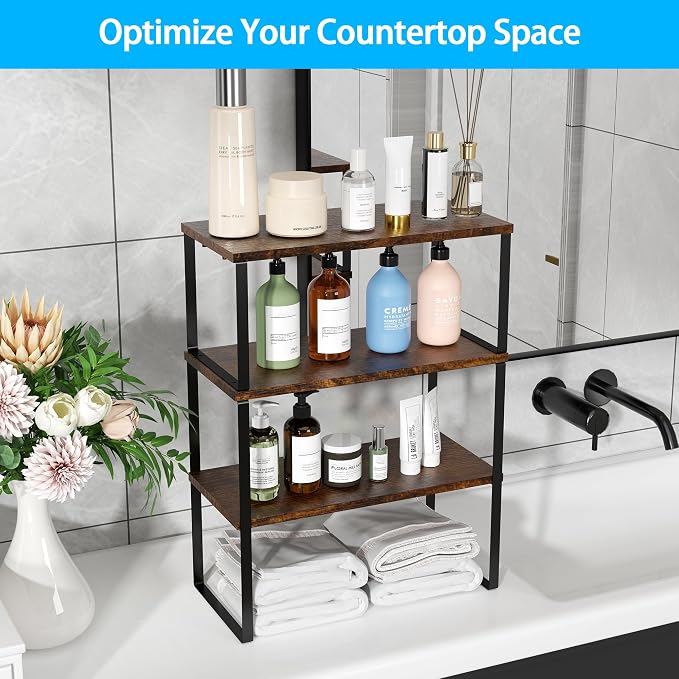 Golener Kitchen Counter Organizer, Countertop Shelf, Adjustable, Stackable | Kitchen Countertop Organizer, Spice Rack, 2-Tier Countertop Shelves, Corner Desk Shelf, Corner Counter Shelf, Rustic Brown