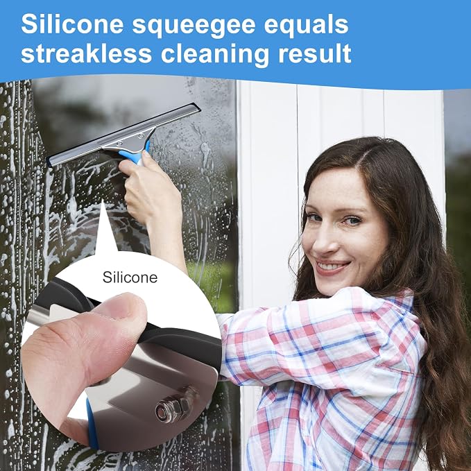 Mitclear Professional Window Cleaning Kit 10IN, Windows Cleaner Tool with Silicone Squeegee, Microfiber Scrubber & Cloth, Window Washing Equipment or Home Shower Glass Doors Car Windshield