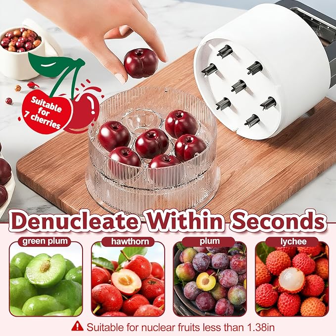 7-in-1 Cherry Pitter Tool,1.5" Extra Large Slots Making Cherry Jam | Food Grade Multi-Fruit Corer with Anti-Splatter Guard, Upgraded Easy Push Seed Remover,Dishwasher Safe