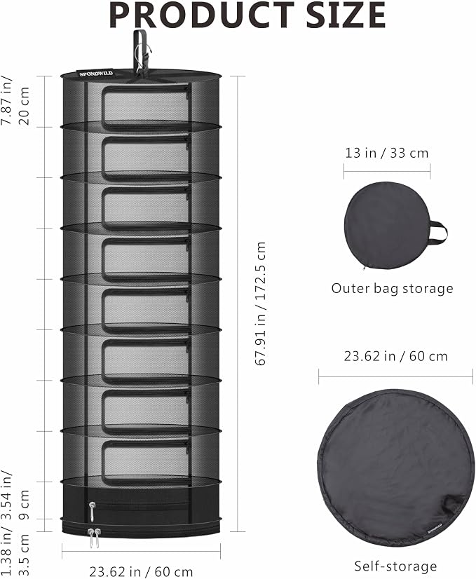 Herb Drying Rack Hanging Mesh, 2ft Diameter 9 Layer Plant Drying Rack with Door Type Zipper & Closed Storage Compartment for Folding Basket Dryer Fiting in Grow Tents, Garden Outdoor