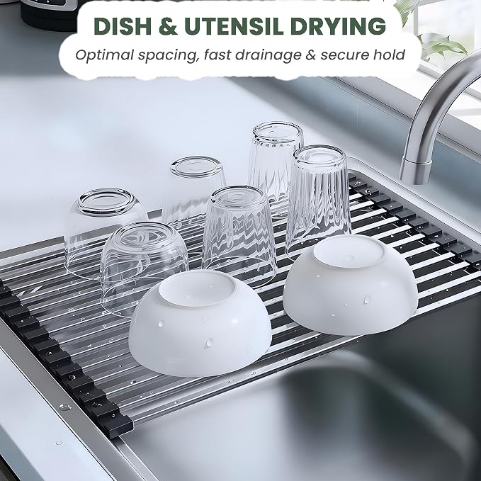 Roll Up Dish Drying Rack Over the Sink 304 Stainless Steel Kitchen Drainer | Durable and Rust Proof, Support Heavy Load, Easy to Clean, Foldable, Space Saving, Anti-Slip, Multipurpose, 17 x 13 Inches