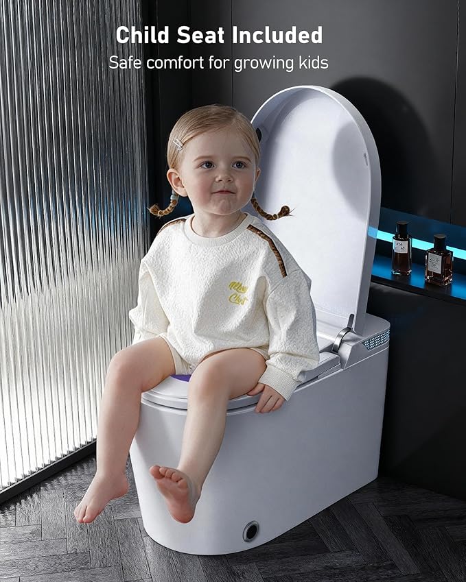Smart Toilet with Bidet Built-in: Toilet Bidet with Dryer, Child Seat, 4 Wash Modes, One Piece Toilet with Heated Seat, Foam, Dual Flush, UV-C Night Light, Remote, Foot Sensor, Auto Flush Lid&Seat