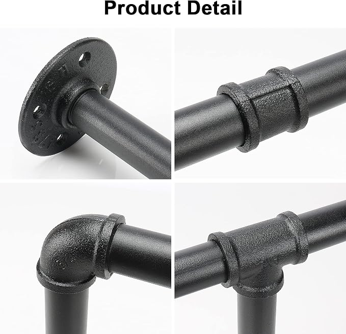 Industrial Iron Pipe Clothes Hanging Bar DIY Wall-Mounted Garment Rack Heavy Duty Clothing Rack for Bedroom, Laundry Room, Closet Storage (Black 50 inch)