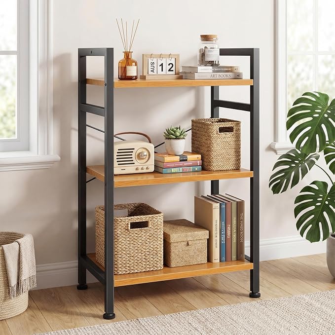 DUMOS 3 Tier Bookshelf, Home Office Bookcase Shelf Storage Organizer | Free Standing Open Display Storage Shelving Unit for Bedroom, Living Room Wood