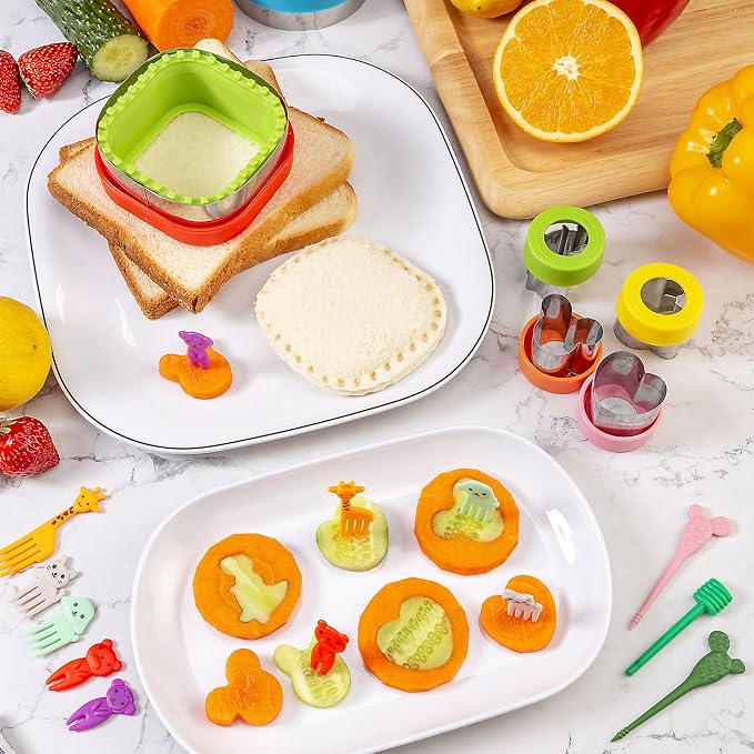 Nifogo Sandwich Cutter for Kids Lunch 48 Pcs (LARGE) | Sandwich Maker, Cookie Cutters and Sealer Set, Stainless Steel, Bread Decruster, Dinosaur Mickey Heart Shape for Boys Girls