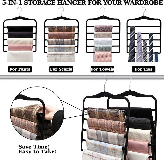 Closet Organizers and Storage, 5 Pack Velvet Pants-Hangers-Space-Saving | Non Silp 5 Tier Scarf Jeans Organizer, Dorm Room Essentials for College Students Girls Boys Guys, Home Storage