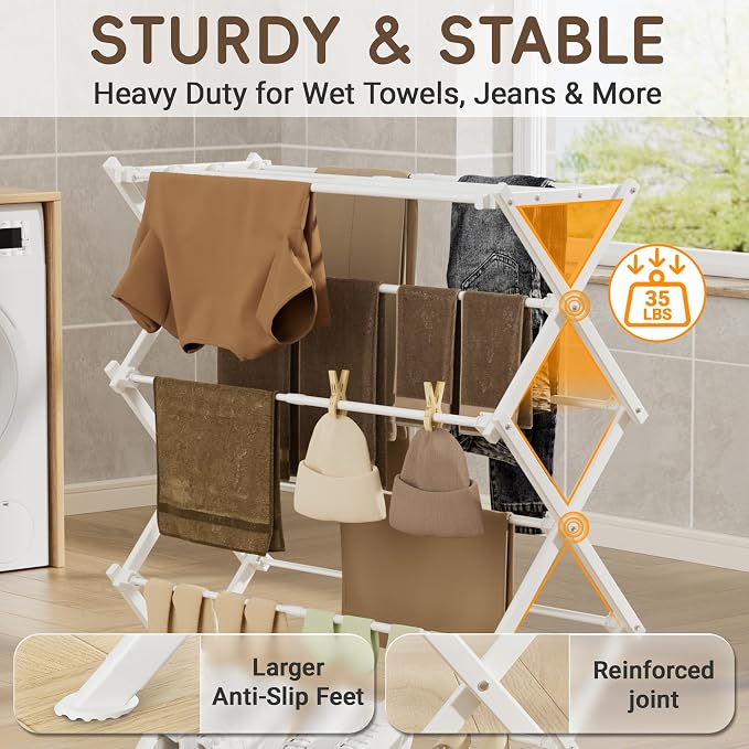 Collapsible Laundry Drying Rack for Small Spaces, White | Folds to 3.9" flat, holds 35 lbs, carbon steel reinforced joints, 19.7"-31.7"W, indoor & outdoor