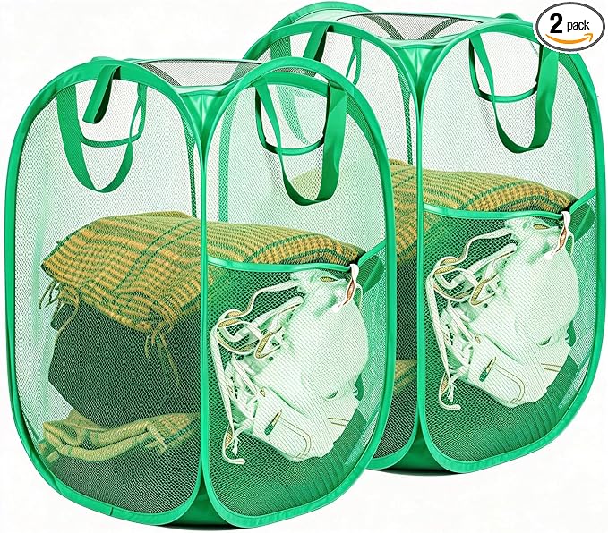 HOUSE AGAIN 2 Pack Strong Mesh Pop Up Laundry Hamper, 70L Collapsible Laundry Basket with Steel Frame, Double‑Stitched Handles & Side Pocket, Foldable Dirty Clothes Hamper for Dorm, Bedroom, Green