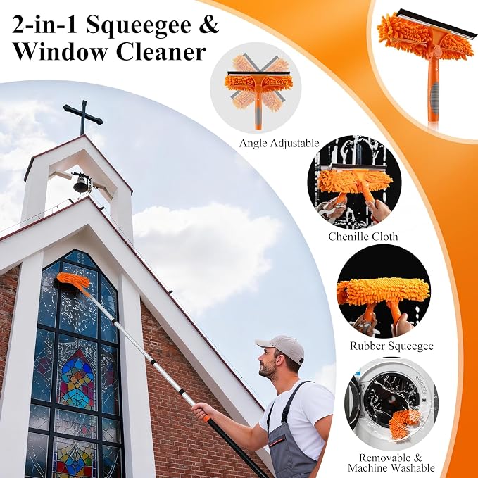 26ft High Reach Duster Kit with 5-20ft Heavy-Duty Extra Long Extension Pole, Vaulted Ceiling Cobweb Brush, Washable Ceiling Fan Duster, Microfiber Duster & Window Squeegee for Tall Ceiling