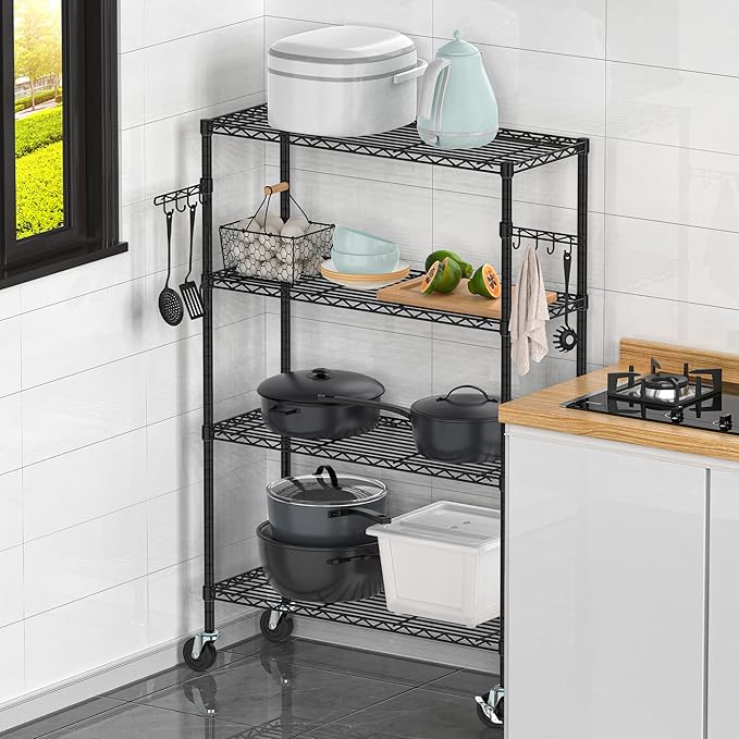 Folews 4-Tier Storage Shelving Unit with Wheels, Metal Rolling Storage Shelves NSF Adjustable Layer Steel Rack Shelf, Wire Shelving Storage for Kitchen Garage Pantry Office, Black (14D x 36W x 57H)