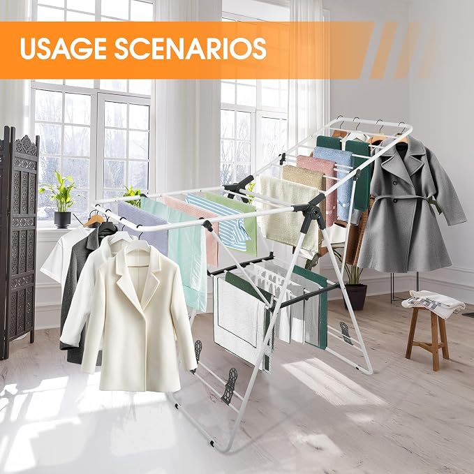 Clothes Drying Rack Foldable Metal Laundry Drying Rack White | with Height-Adjustable Wings, Space Saving, Indoor Outdoor Use, Free-Standing Airer