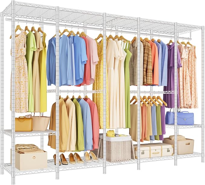 ULIFHOME Clothes Rack, Heavy Duty Garment Rack, Extra Large Portable Closet | H50 Clothing Racks for Hanging Clothes, Freestanding Wardrobe Closet 89.8'' W x 15.8" D x 76.2" H, Max Load 1400 Lbs, White
