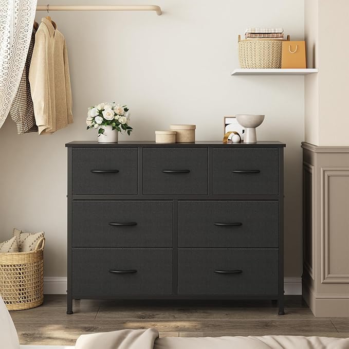 OLIXIS Black Dresser for Bedroom with 7 Fabric Drawers Storage Organizer | Wardrobe Closet for Clothes Storage, Cabinet Vertical Dresser for Living Room, Entryway Hallway