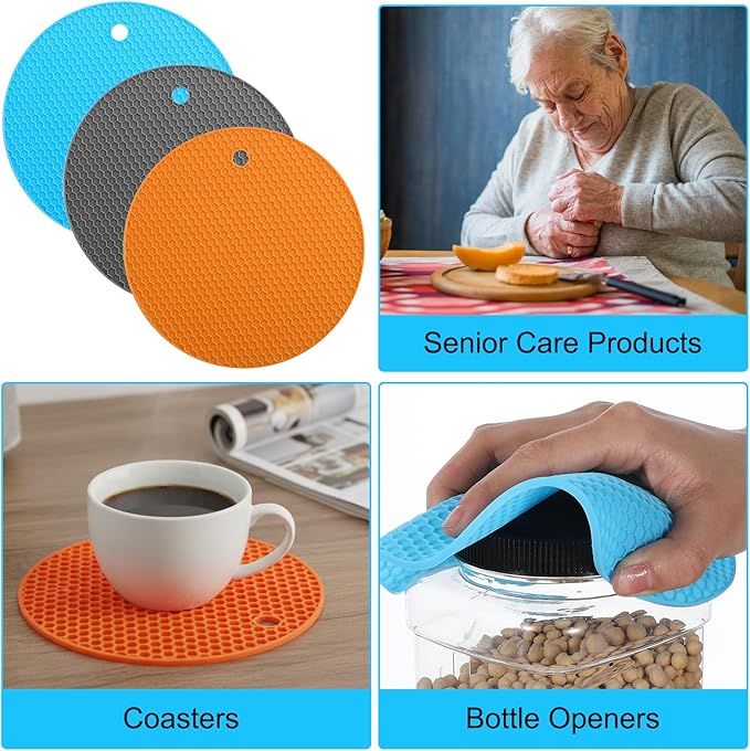 3pcs Rubber Grippers for Opening Jars - 7 Inch Rubber Jar Opener Grippers Non-Slip Round Bottle Lid Opener - Heat Resistant Coasters Mats for Weak Hands Seniors Children, Orange Blue Gray