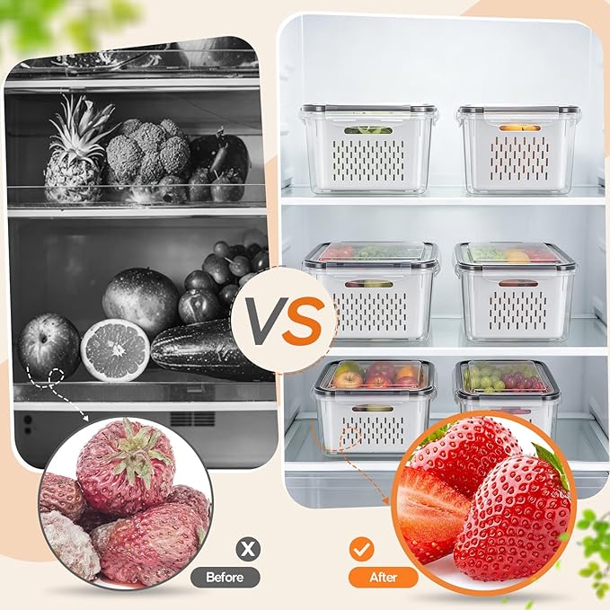 JSCARES Fruit Storage Containers for Fridge - 3 Pack Produce Storage Containers with Removable Colander, Leakproof Food Organization Keep Fruits Berry Veggie Salad Meat Fresh Longer