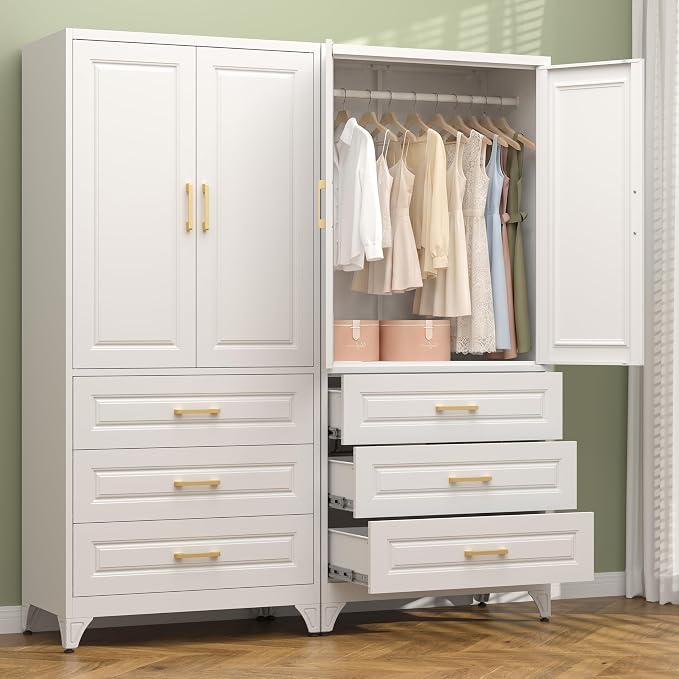Polup Metal Armoire Wardrobe Closet with Three Drawers, 71“ Tall Large Wardrobe Cabinet with Hanging Rod, Freestanding Wardrobe Cabinet with Doors for Bedroom, White, Assemble Required