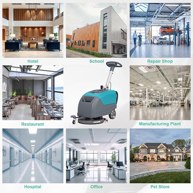 Walk-Behind Floor Scrubber Dryer with 16" Scrub Path, 24" Suction Width, 11-gal Sewage Tank, 10-Clear water tank, Foldable Walk Behind Hand Push Floor Scrubber 24000 Sqft/h