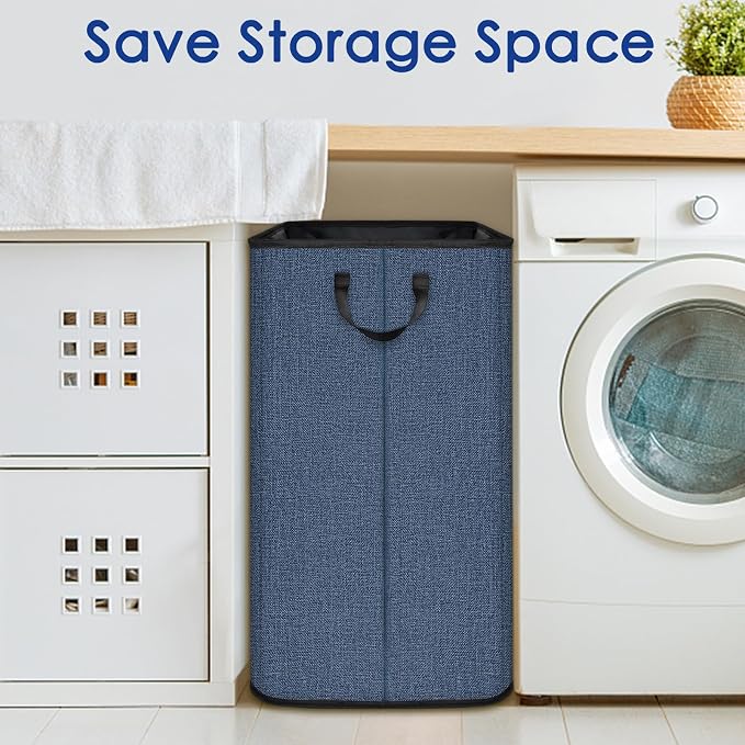 SNIGJAT Large Laundry Basket, 80 L Collapsible Tall Hamper with Handle Blue | Dirty Clothes Hamper for Bedroom, Rectangular Sturdy Laundry Basket for College, Dorm, Towels, Toys